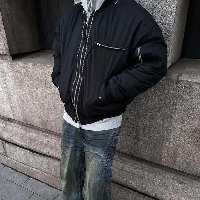 Plain Zip-Up Bomber Jacket Product Image