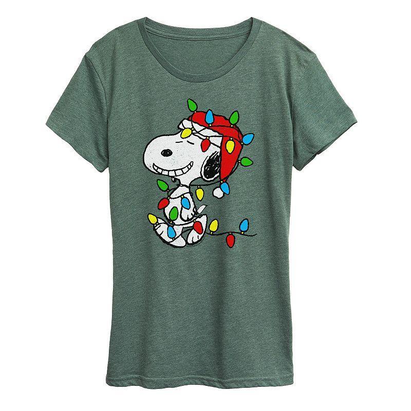 Womens Peanuts Snoopy Christmas Lights Graphic Tee Grey Green Product Image