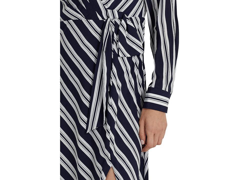 LAUREN Ralph Lauren Petite Striped Tie Front Crepe Midi Dress (Navy/White) Women's Dress Product Image