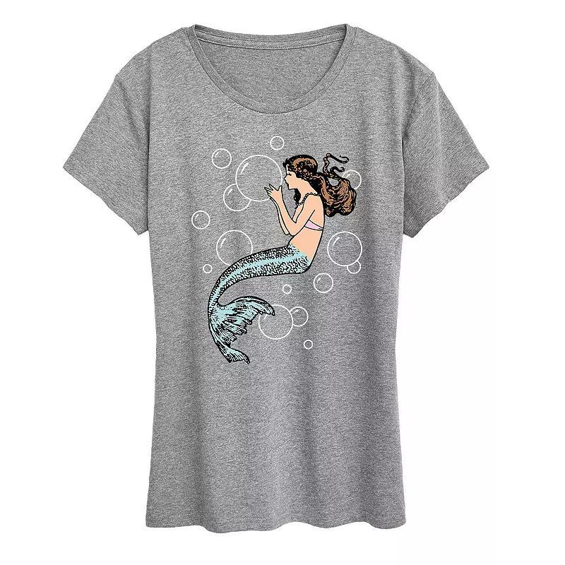 Womens Mermaid Holding Bubbles Graphic Tee Grey Gray Product Image