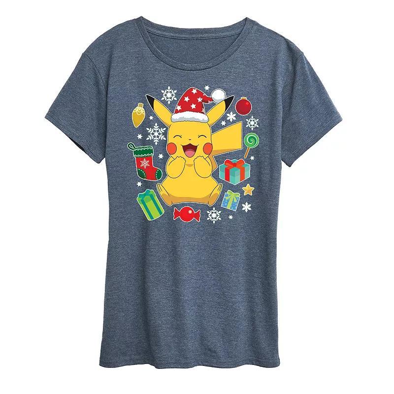 Missy Pokemon Pika Presents Graphic Tee, Womens Grey Royal Blue Product Image