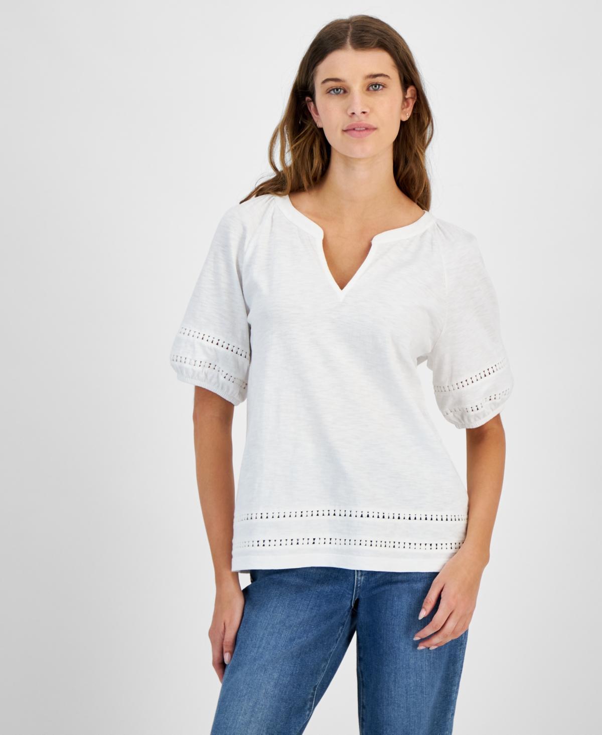 Tommy Hilfiger Womens Cotton Split-Neck Puff-Sleeve Top Product Image