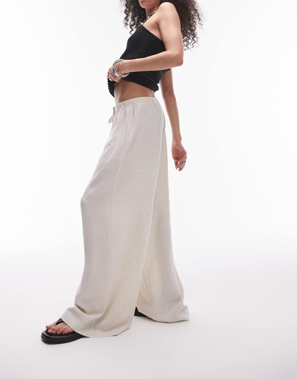 Topshop super wide natural linen blend pants in stone - part of a set Product Image