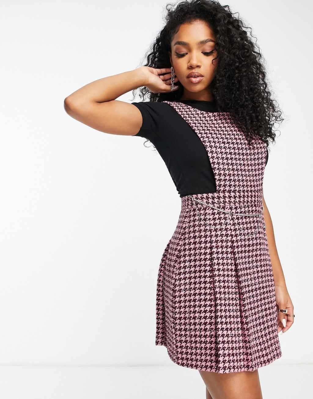 Miss Selfridge pleated dogtooth pinny dress with diamante trim detail in black and pink product image