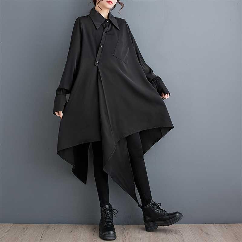 Long Sleeve Lapel Neck Loose Irregular Shirt Dress Product Image