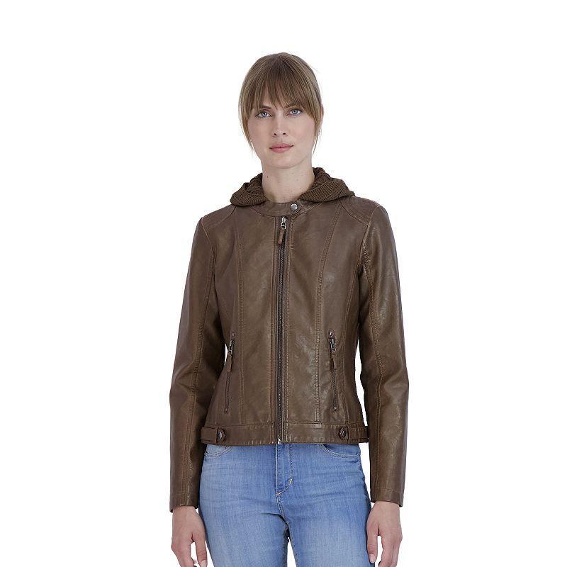 Womens Sebby Collection Hooded Faux-Leather Jacket Med Brown Product Image