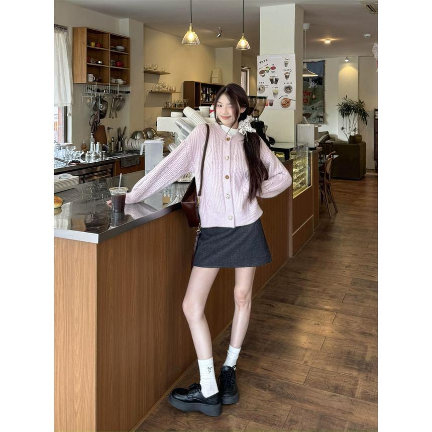 Round Neck Plain Cable-Knit Cardigan Product Image