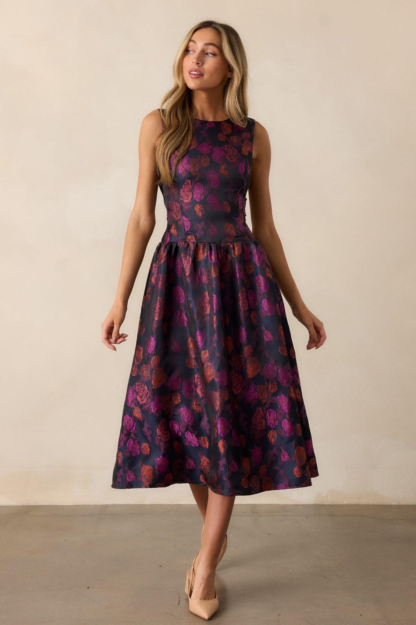 Windswept Garden Purple Floral Drop Waist Midi Dress Product Image