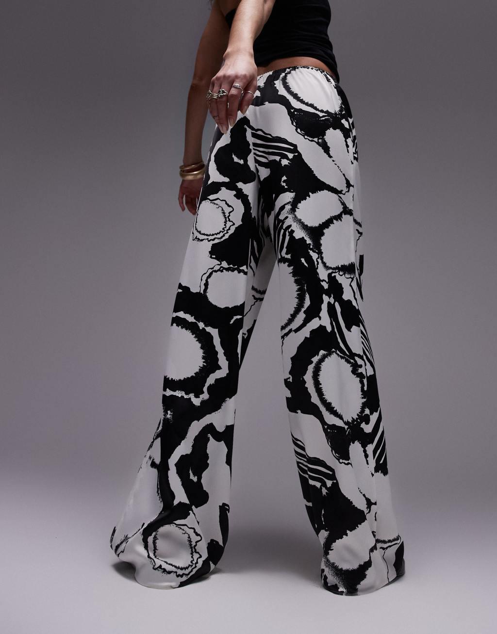 Topshop straight leg satin abstract floral printed pants in mono Product Image