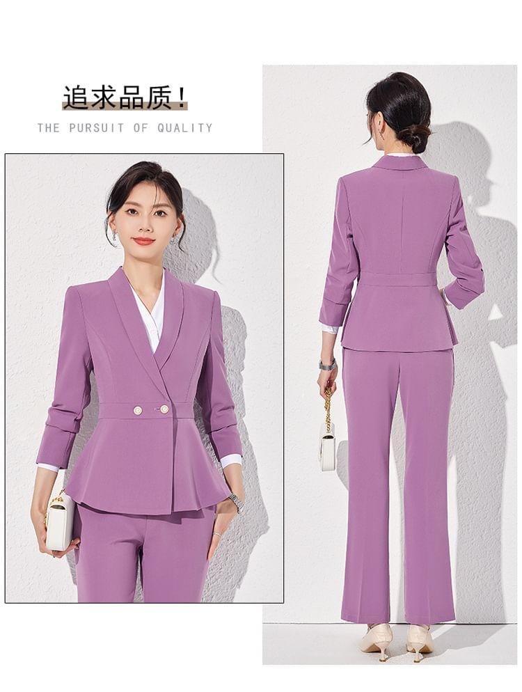 Shawl Lapel Plain Peplum Double Breasted Blazer / High Rise Flared Dress Pants / Set Product Image