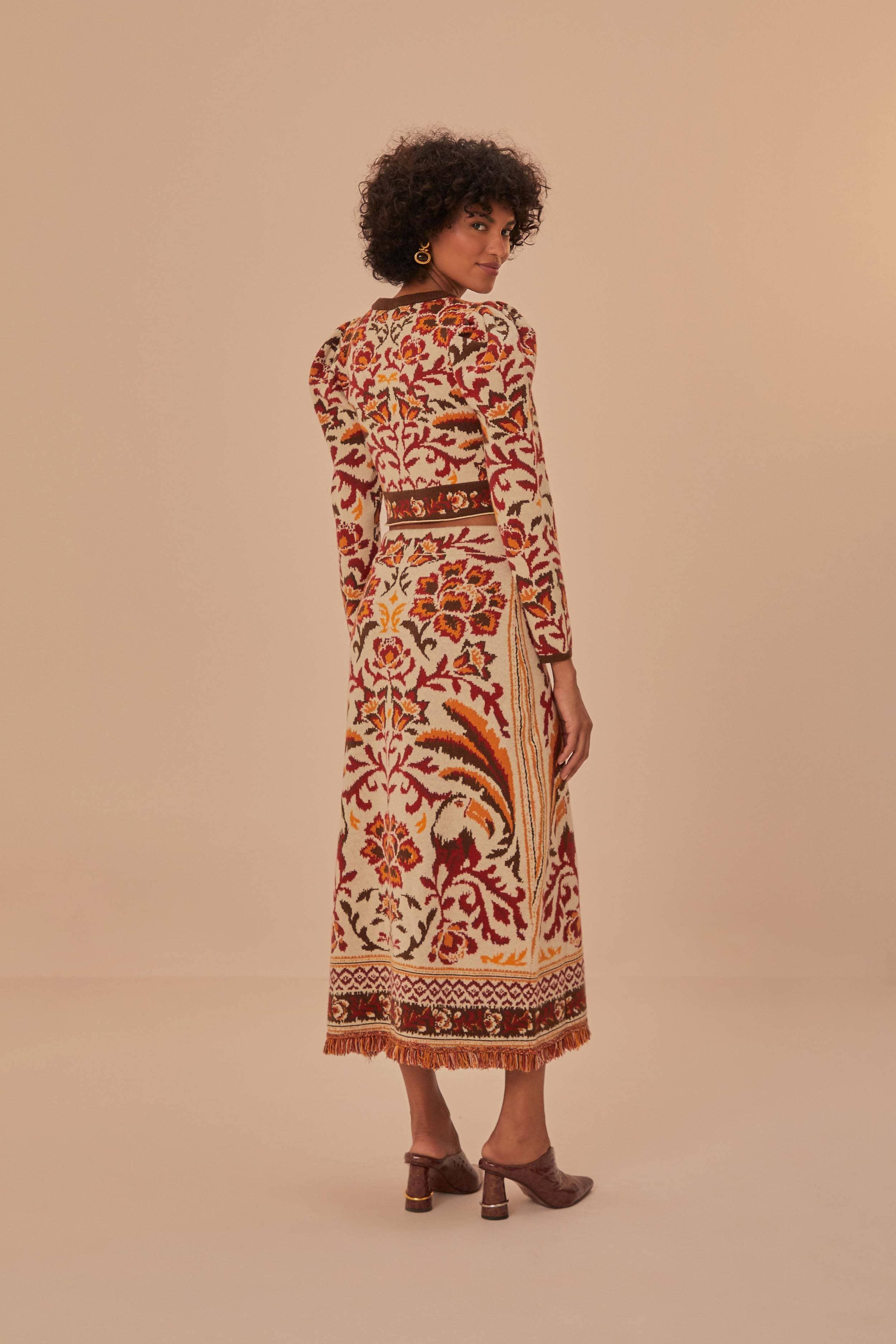 Cream Toucans Scarf Knit Midi Skirt Product Image