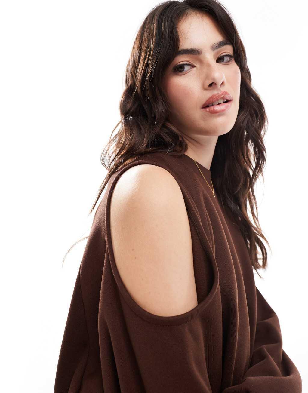 ASOS DESIGN cold shoulder oversized sweatshirt in brown Product Image