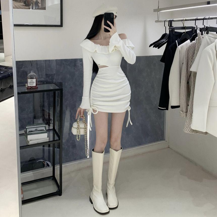 Long-Sleeve Ruffle Cutout Plain Mini Bodycon Dress Product Image