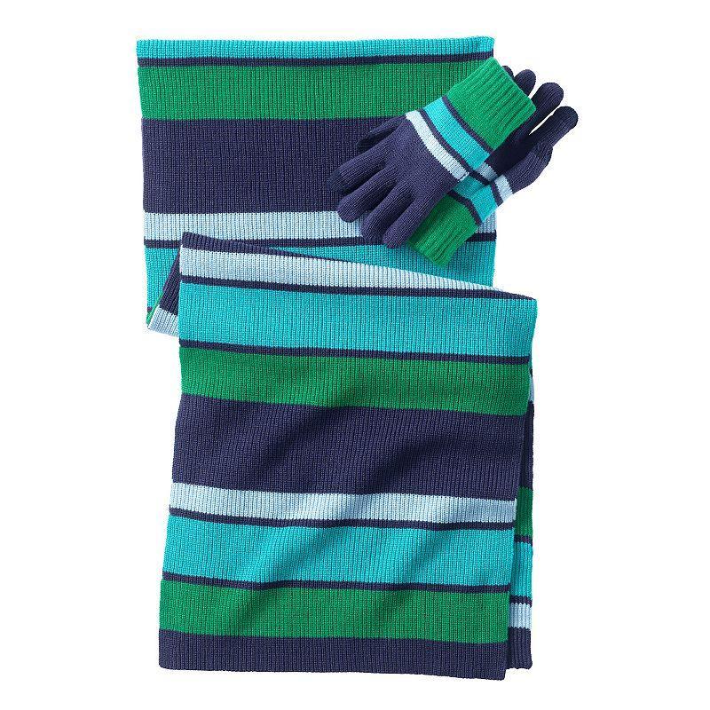 Mens Lands End Knit Pattern Scarf & Gloves Set, Blue Team Stripe Product Image