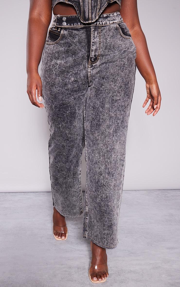 Plus Grey Acid Wash Belt Detail Wide Leg Jeans Product Image