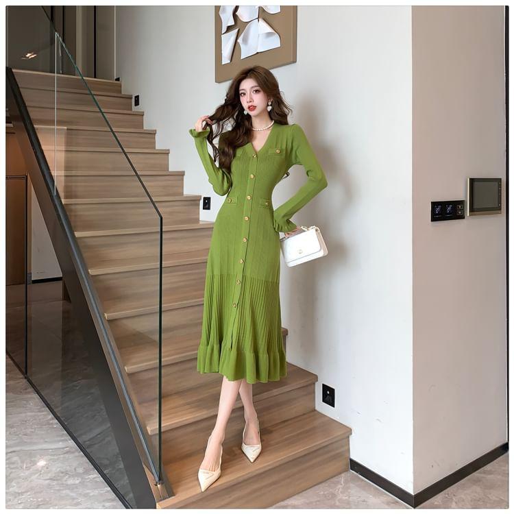 Long Sleeve V-Neck Plain Ribbed Knitted Bodycon Midi Dress Product Image