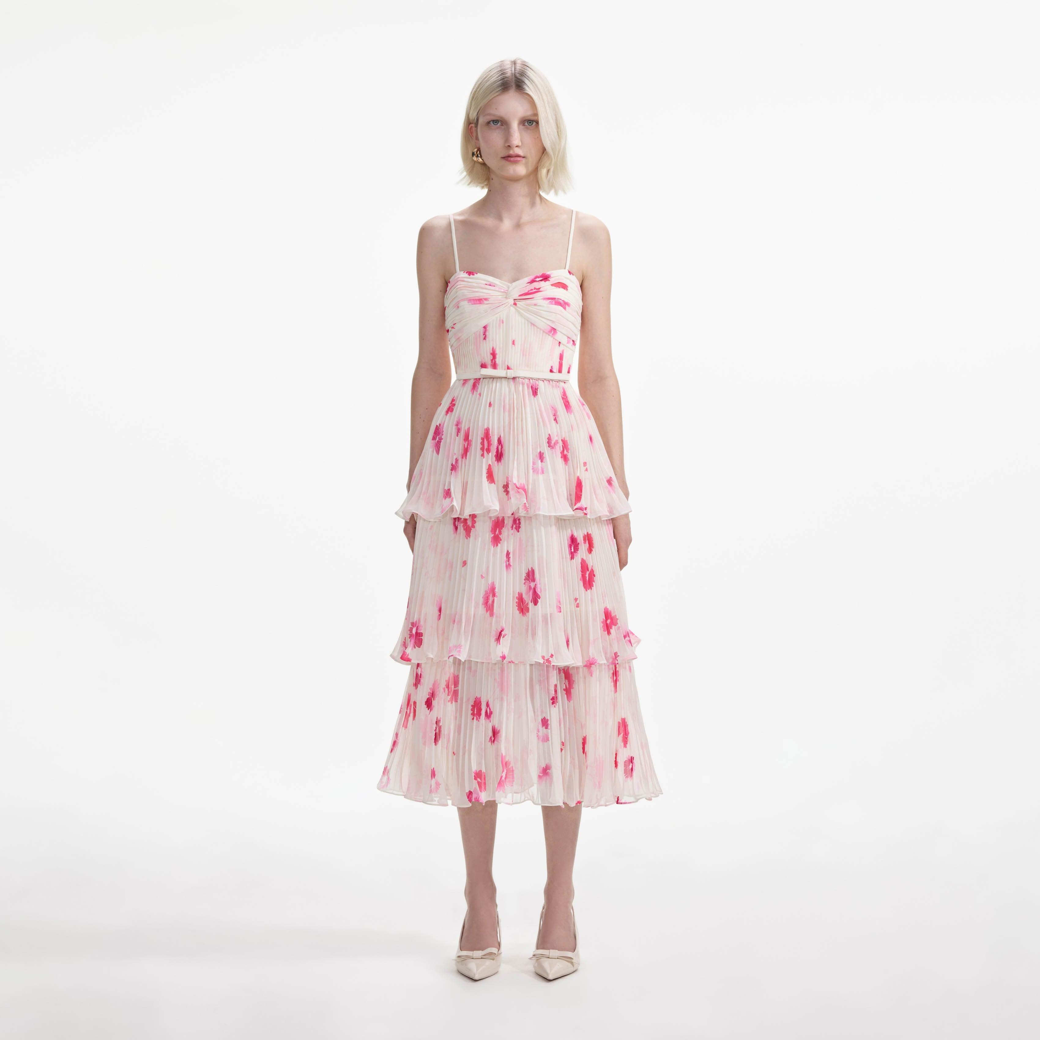 Printed Chiffon Tiered Midi Dress Product Image