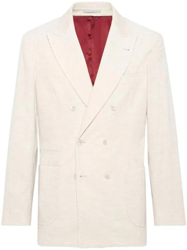 Double-breasted Ribbed Blazer In Brown Product Image