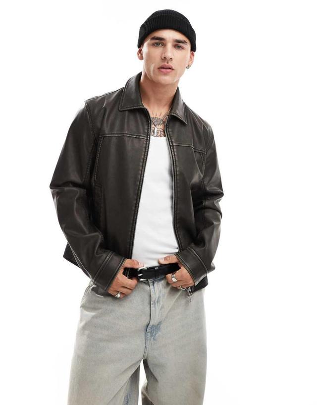 ASOS DESIGN faux leather harrington jacket with seam details in brown Product Image