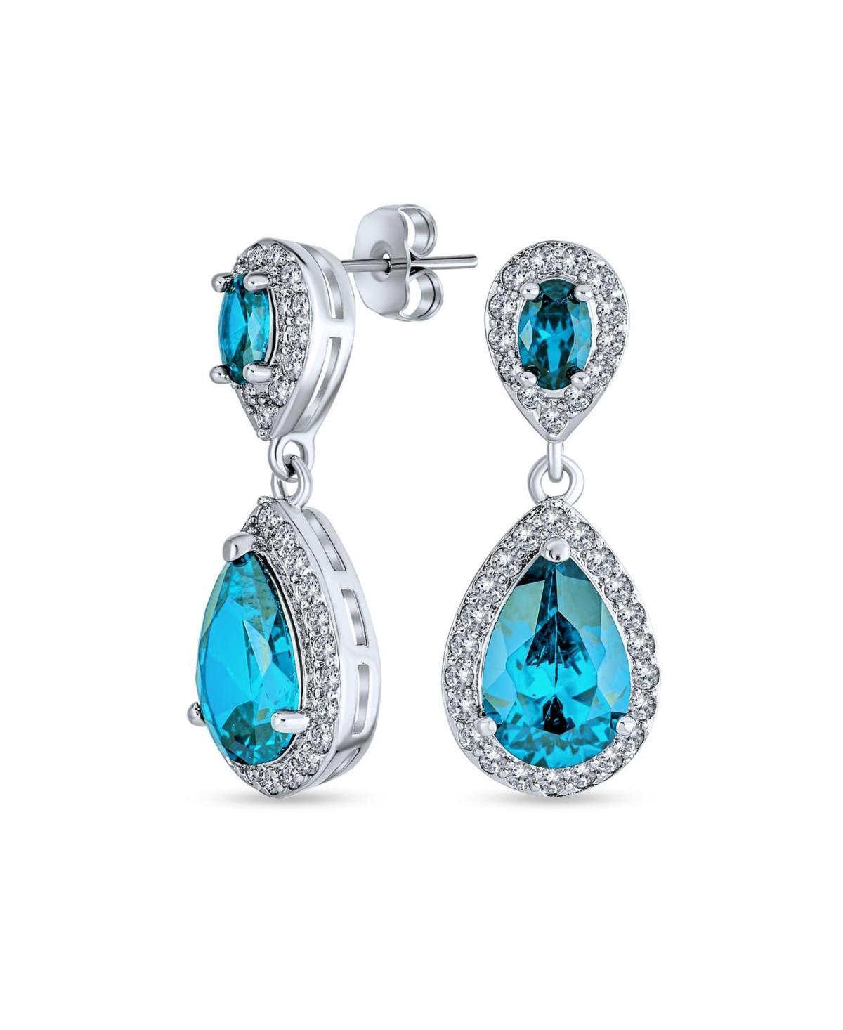 Simulated Blue Topaz Pave Cz Halo Teardrop Pear Shape Dangle Drop Statement Earrings For Women Prom Rhodium Plated Brass Product Image