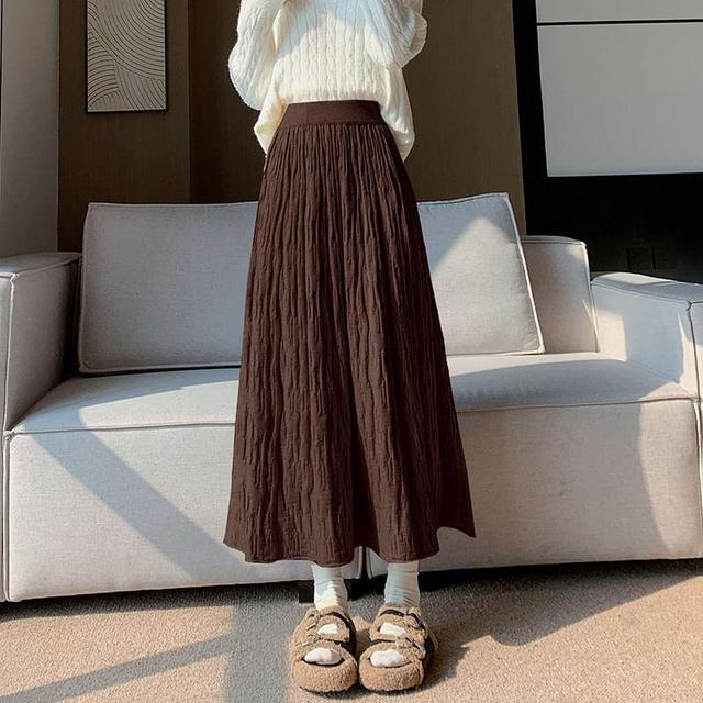 High Waist Plain Pleated A-Line Midi Skirt Product Image