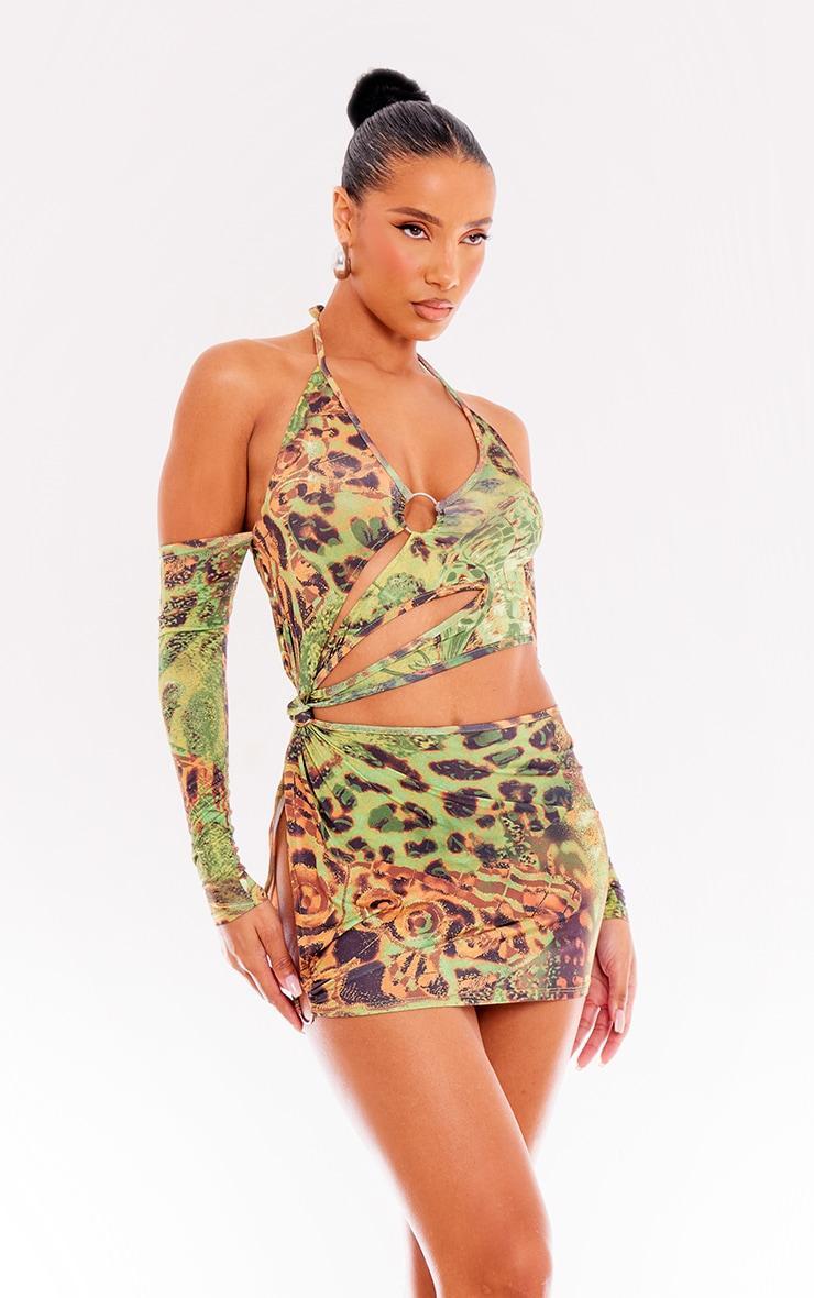 Green Butterfly Print Ring Detail Cut Out Long Sleeve Bodycon Dress Product Image