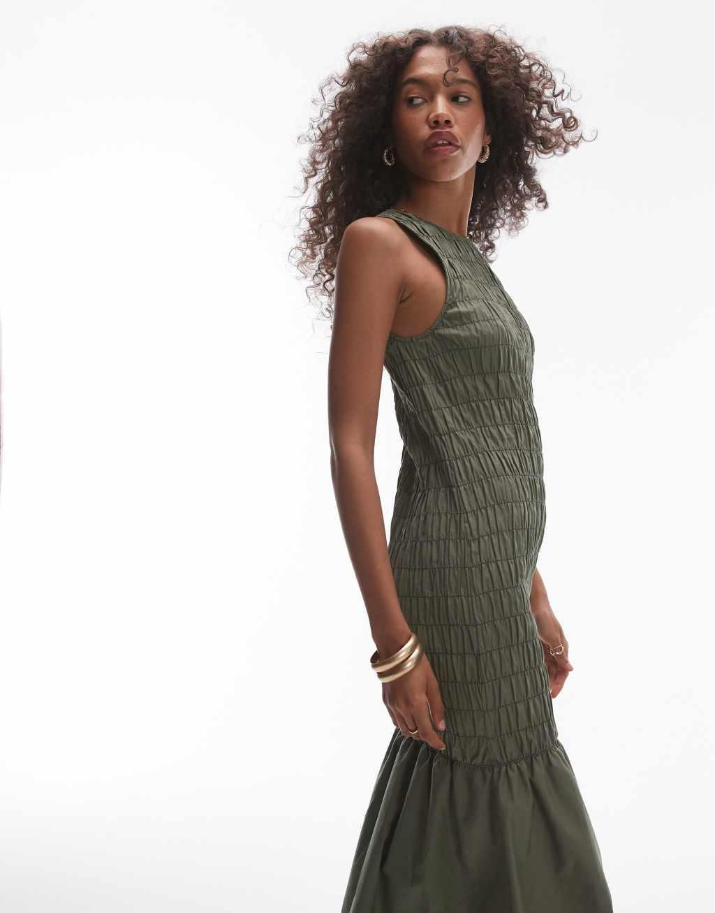 Topshop shirred maxi dress with contrast top stitch in khaki Product Image