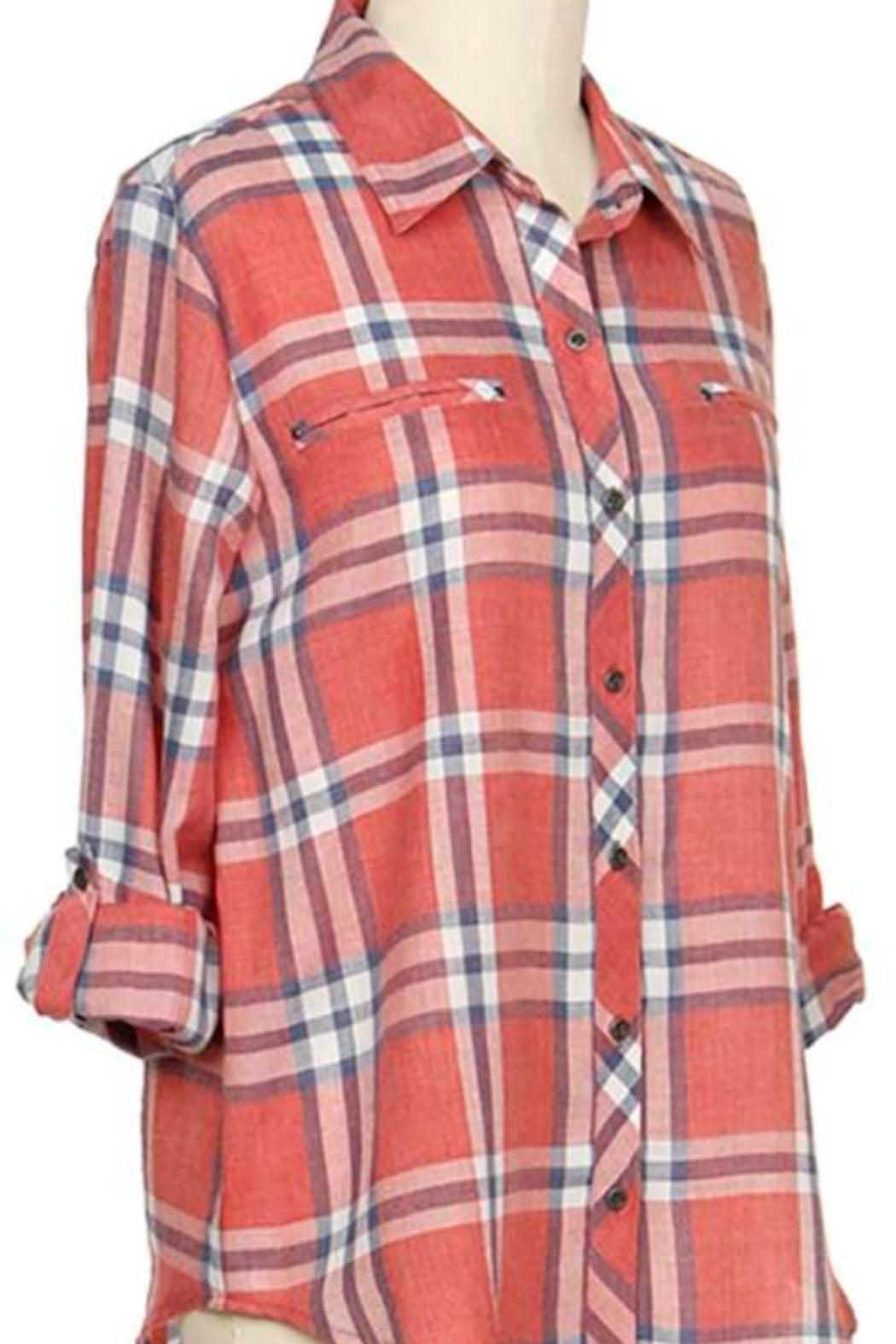 Long sleeve roll tab plaid shirt Female Product Image