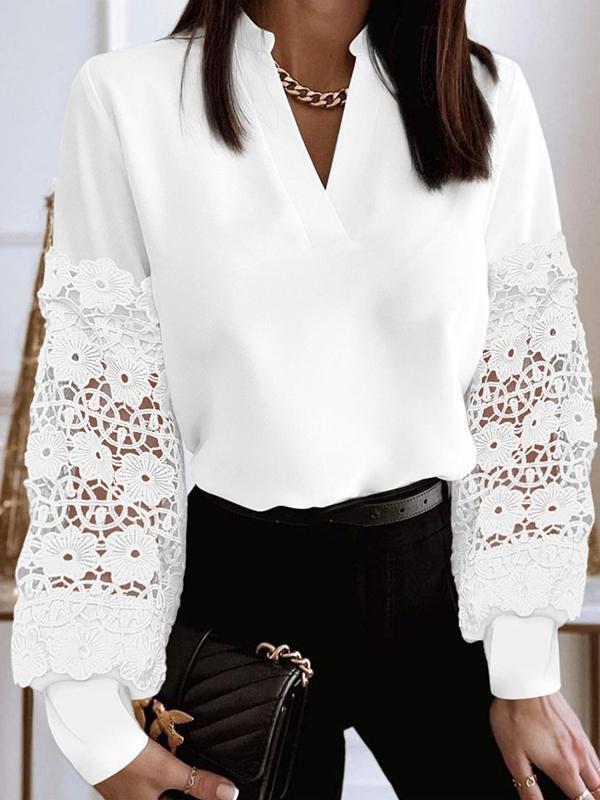 Long Sleeves Loose Hollow Solid Color Split-Joint V-Neck Blouses&Shirts Tops Product Image