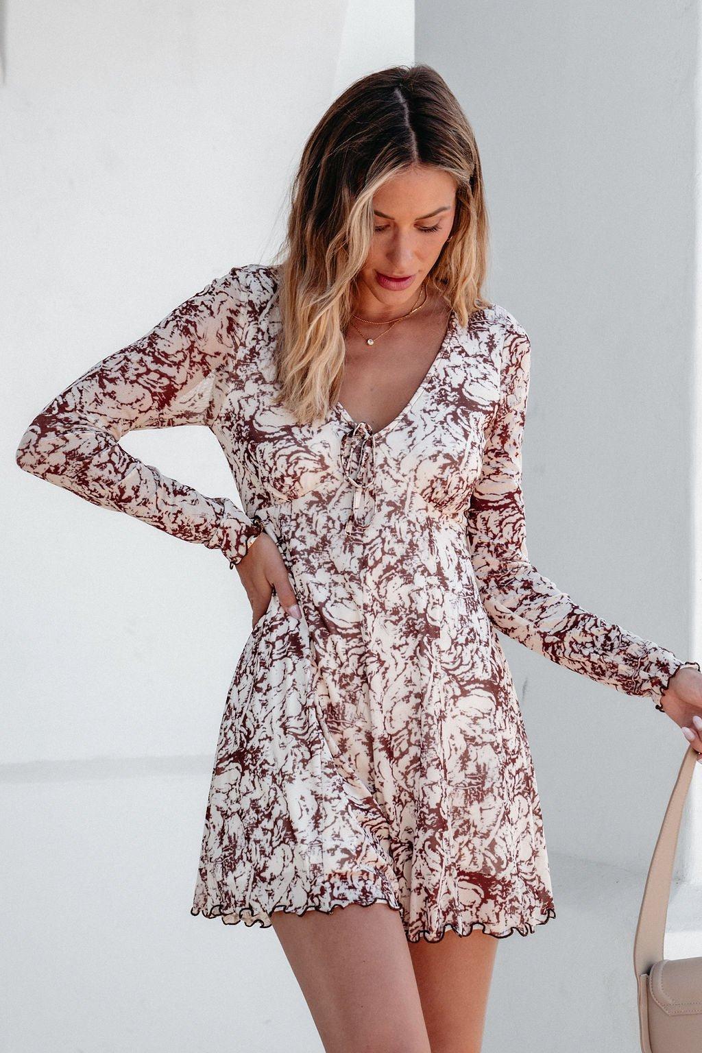 Brown Floral Print Romper Dress - DOORBUSTER Product Image