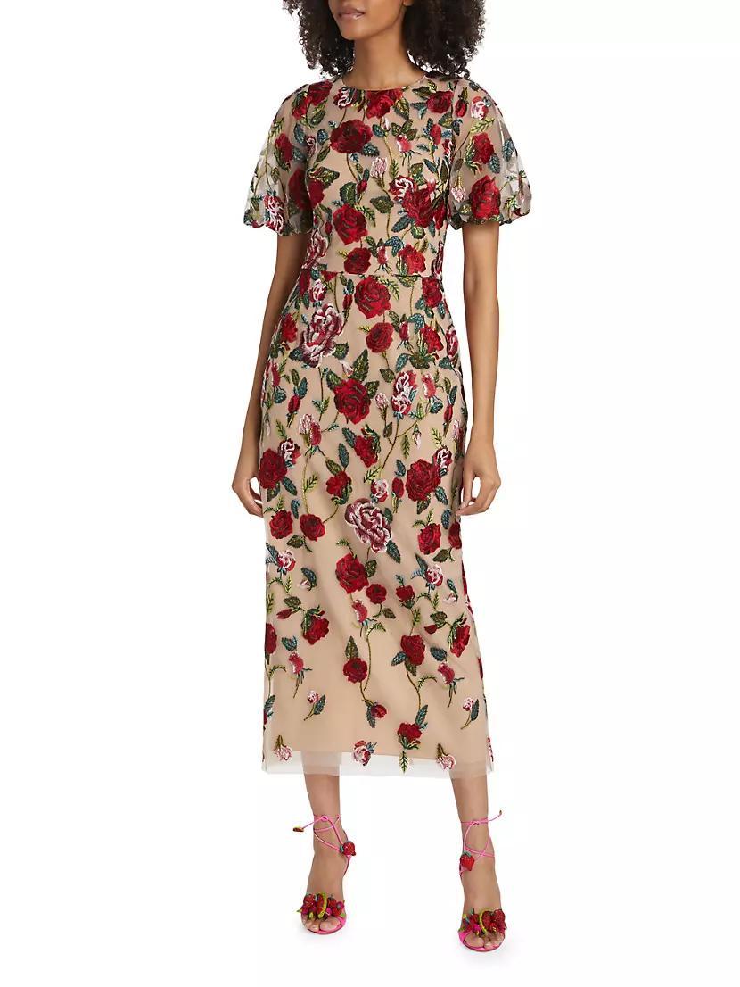 Floral Embroidered Puff-Sleeve Midi-Dress Product Image