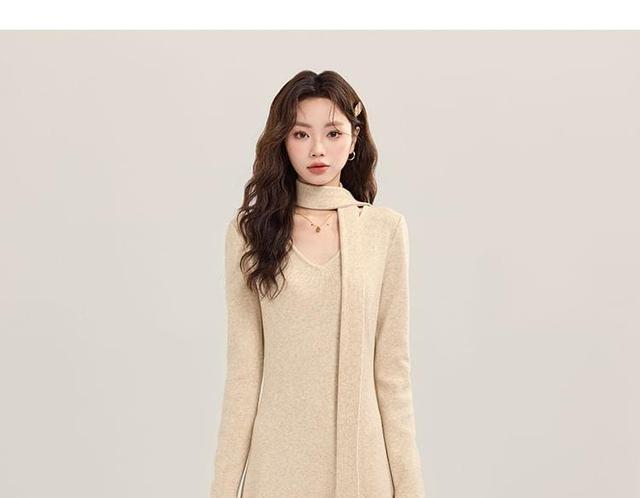 Long-Sleeve V-Neck Plain Knit Maxi A-Line Dress Product Image