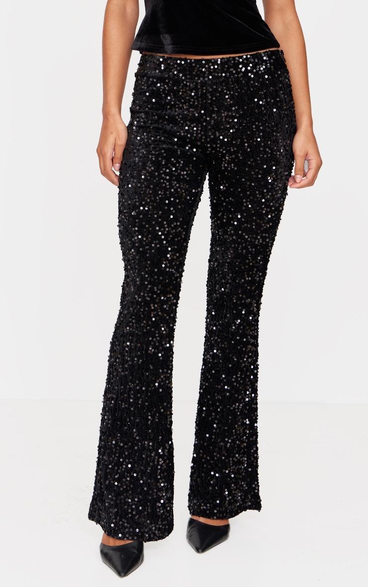  Black Sequin Velvet Flared Pants Product Image