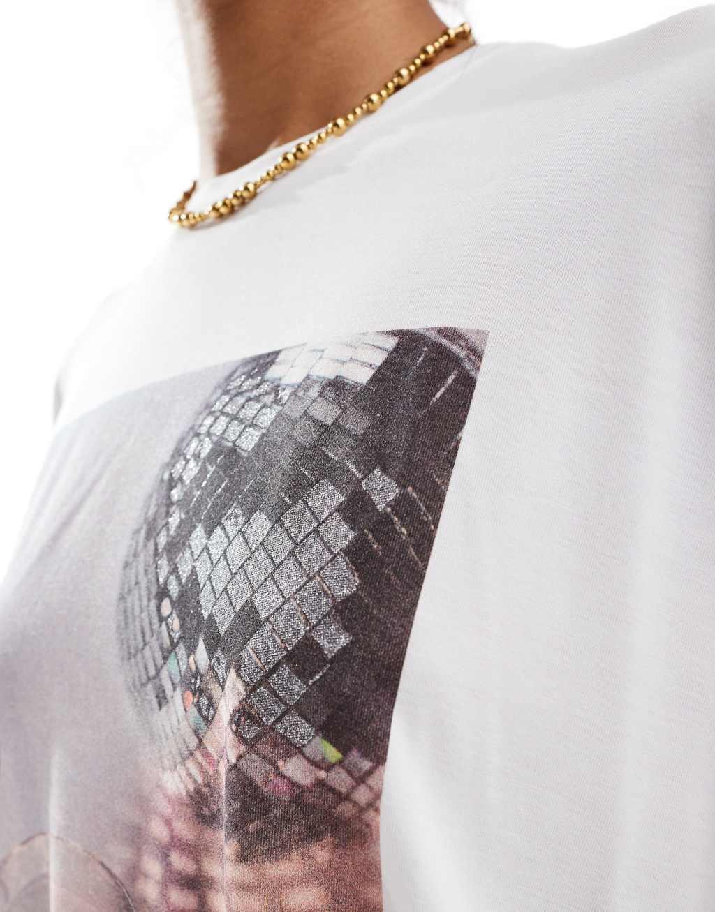 ONLY boxy top with disco ball print in white Product Image