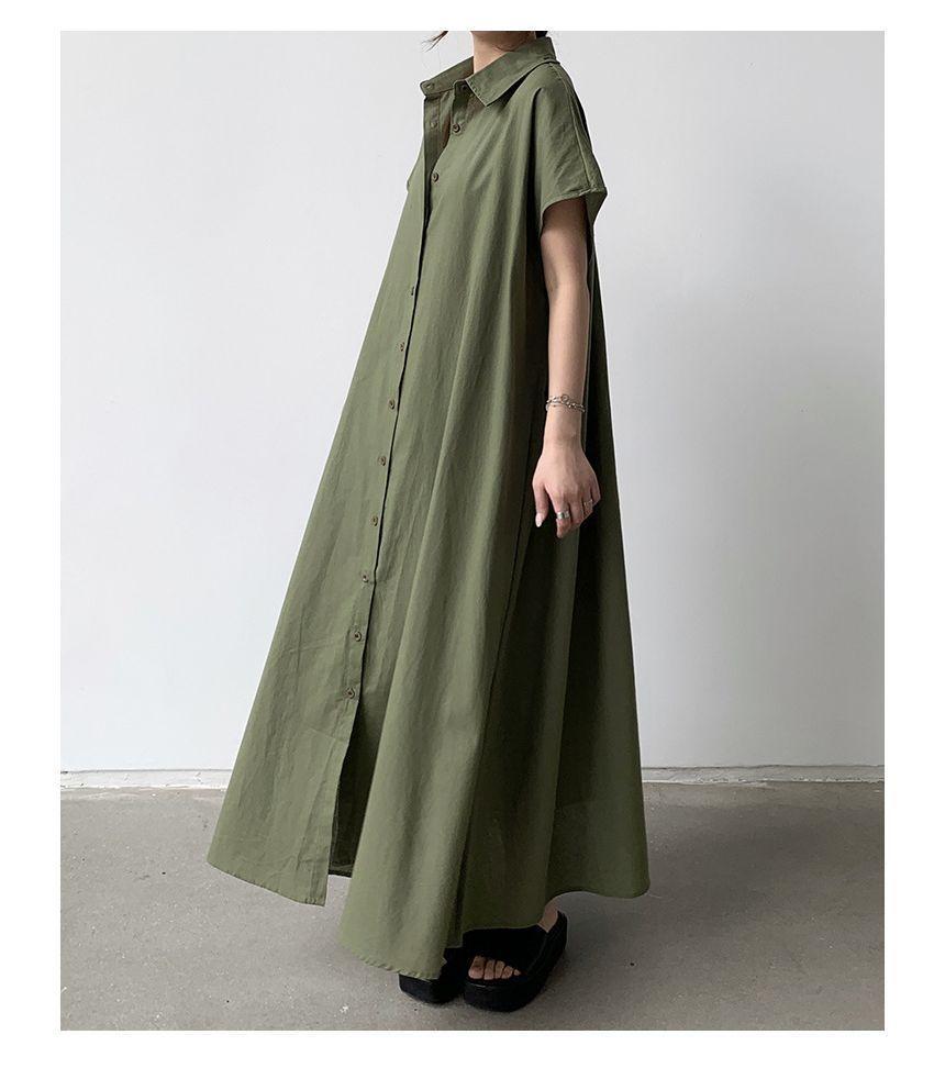 Short-Sleeve Collared Plain Maxi A-Line Shirt Dress Product Image