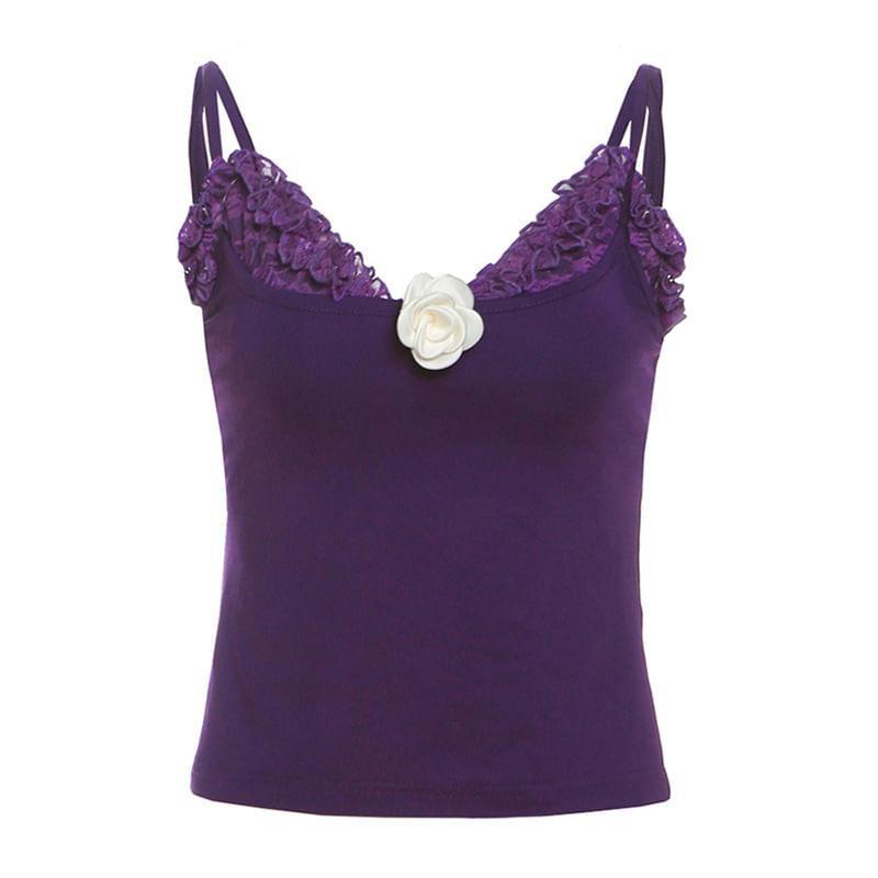 Set: V-Neck Plain Camisole Top + Lace Crop Top Product Image