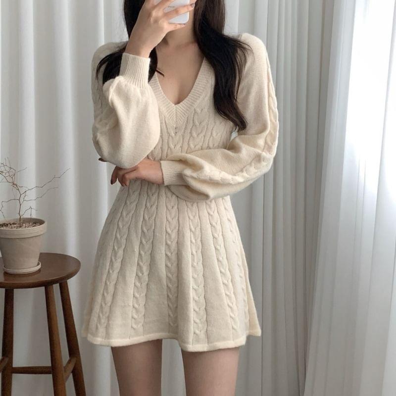 Long-Sleeve V-Neck Plain Cable Knit Mini A-Line Sweater Dress Product Image