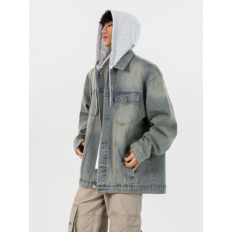 Washed Hooded Button-Up Denim Jacket Product Image