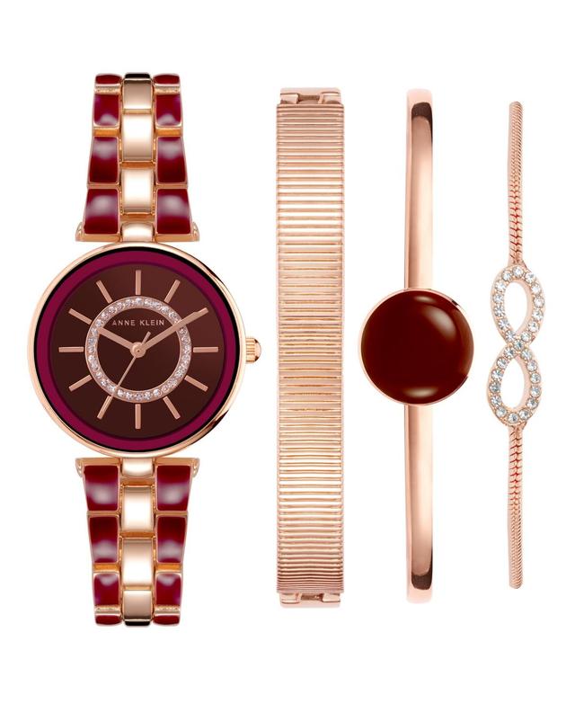 Anne Klein Womens Rose Gold-Tone Alloy Bracelet Enamel and Crystal Accents Fashion Watch 34mm Set 4 Pieces - Rose Gold-Tone, Burgundy Product Image