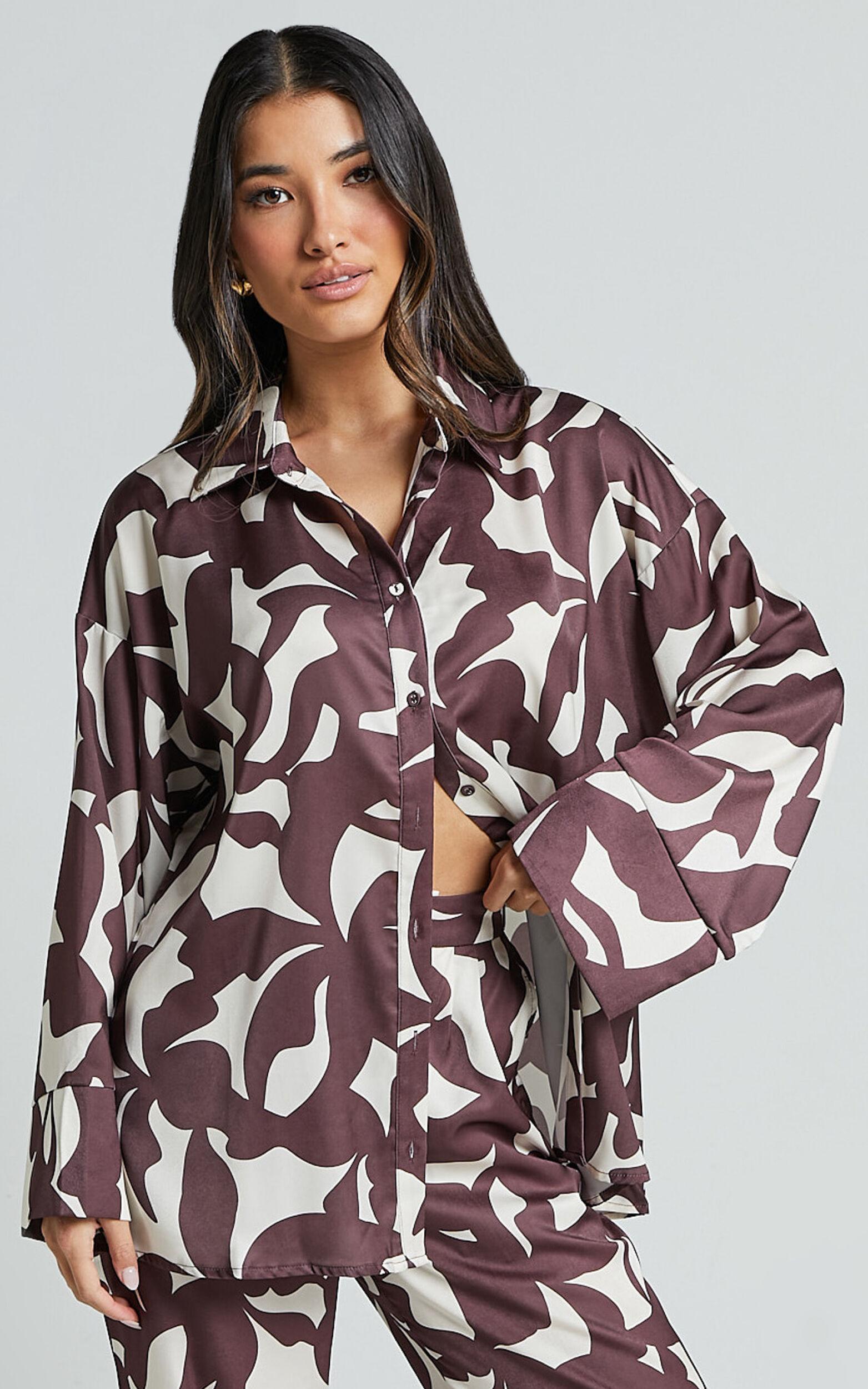 Janissa Shirt - Long Sleeve Satin Shirt in Brown Floral Product Image