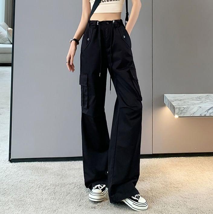 High-Rise Drawstring Straight Leg Cargo Pants Product Image