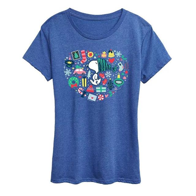 Womens Peanuts Snoopy Holiday Heart Graphic Tee Grey Royal Blue Product Image