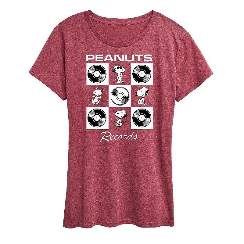 Womens Peanuts Snoopy Vinyl Grid Graphic Tee Grey Dark Red Product Image