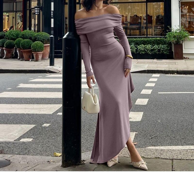 Long-Sleeve Off Shoulder Asymmetrical Plain Maxi Mermaid Dress Product Image