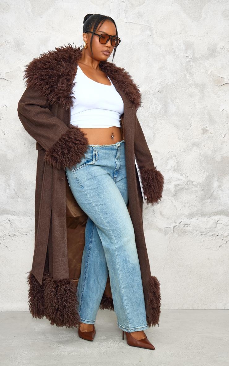 Plus Brown Faux Fur Trim Constrast Wool Look Coat Product Image