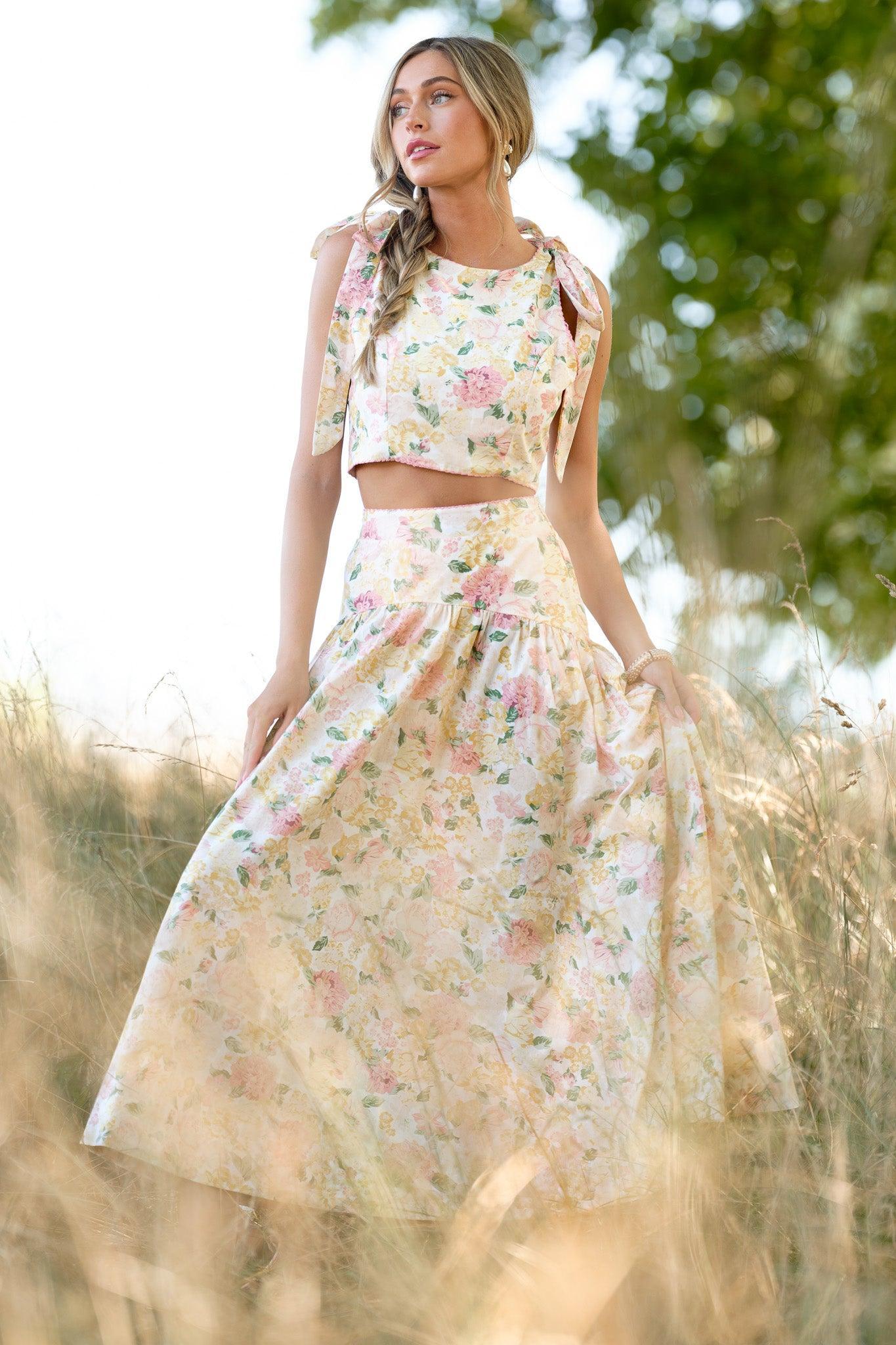 Petal Whispers Ivory Floral Maxi Skirt Product Image