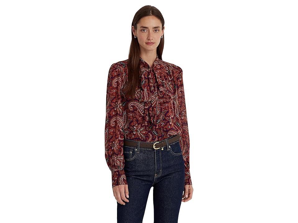 Lauren Ralph Lauren Paisley Georgette Tie-Neck Blouse (Orange/Purple Women's Clothing Product Image