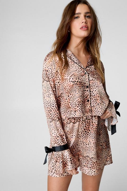 Satin Leopard Print Tie Cuff Pajama Set Product Image