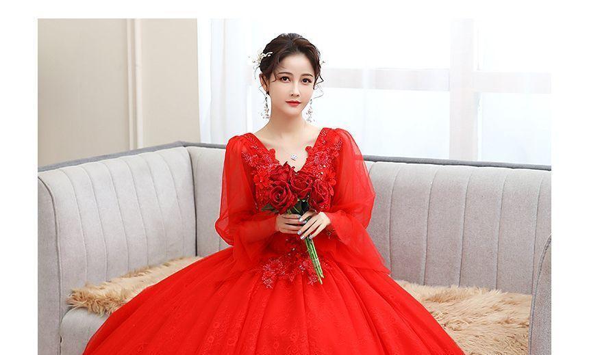 Long-Sleeve Plain Sequin Ball Gown Product Image