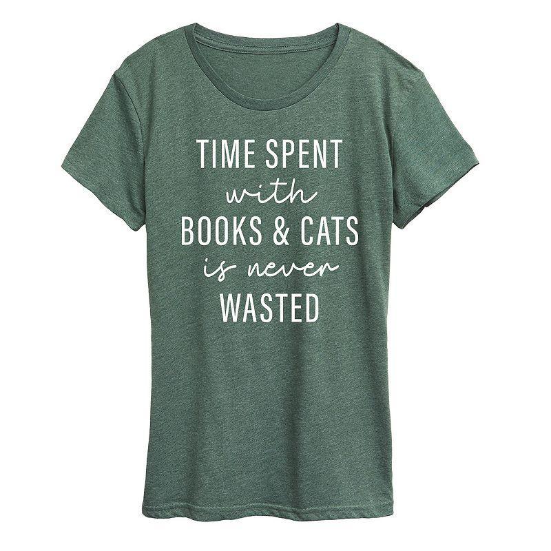 Instant Message Womens Womens Tee Shirts HEATHER - Heather Juniper Time Spent With Books & Cats Graphic Tee - Women & Plus Product Image